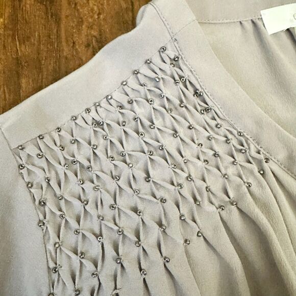 NWOT ECRU L/S Beaded Washable Silk Button-Up Shirt Pleated in Smokey Purple - Picture 6 of 12